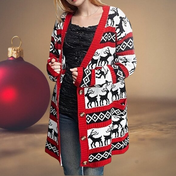 🎄V-Neck Button Down Oversized Christmas Reindeer Cardigan – Cotton Knit  Size M - Picture 3 of 6